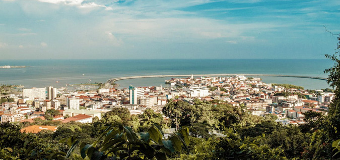 A wide shot of Panama City from the mountains above the city.