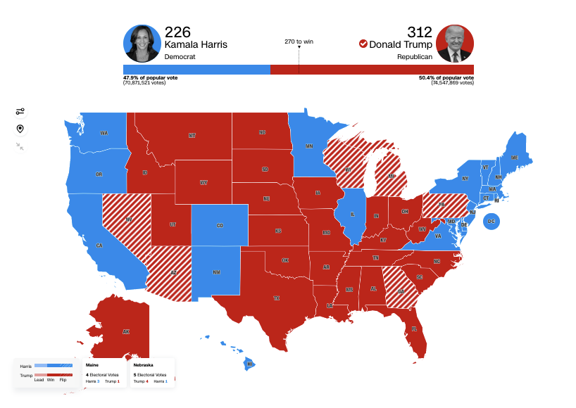 A map of the 2024 election results by state